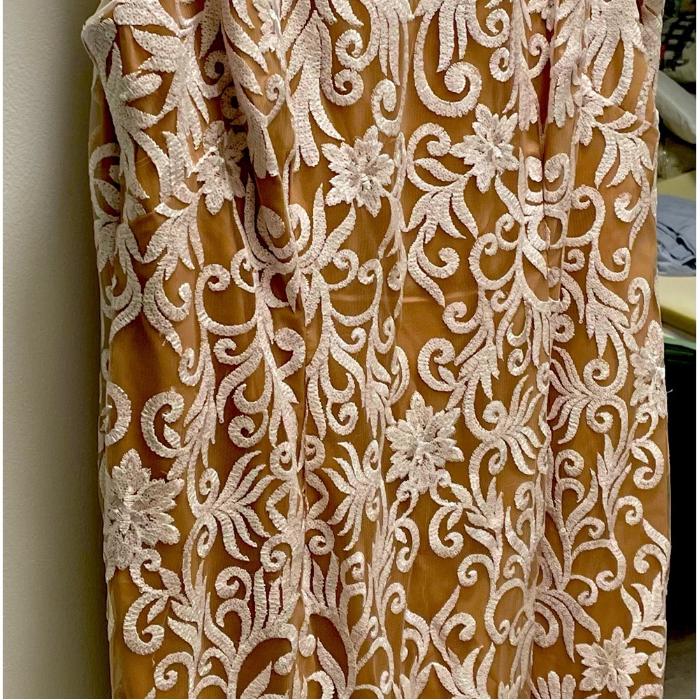 Dress: Adrianna Papell  Designer. Formal, Lined, Beaded, Beige/Cream, Tea Length